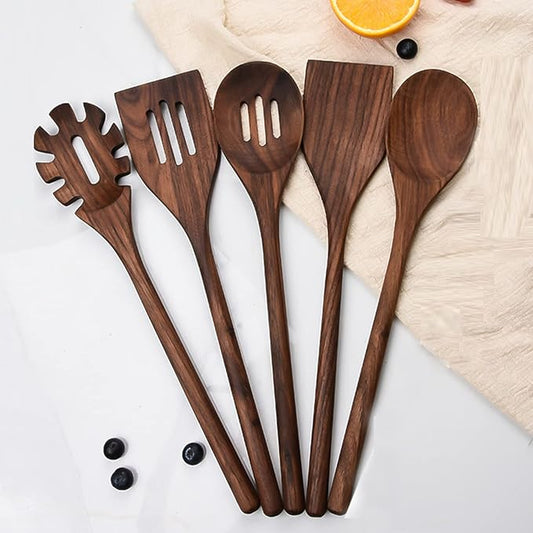 Kitchen Utensils Set 5 Pcs Black Walnut Wooden Cooking Utensils Set Wooden Spoons For Cooking Non-Stick Pan Wood Solid Slotted Spoon Spatula Turner Spaghetti Server Wooden Utensils For Cooking