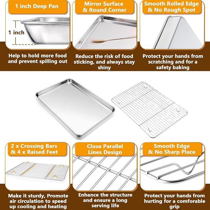 P&P CHEF 16 + 12.5 Inch Baking Sheet with Rack Set, Pans with Flat Racks | 2 Baking Sheets + 2 Cooling Wire Racks, Dishwasher & Oven Safe, Non-toxic & Lasting Use, Fit for Regular Oven