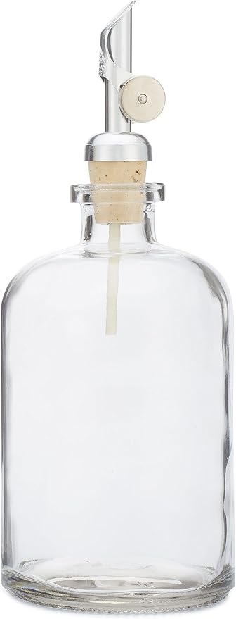 Rail19 Clear Glass Mouthwash Dispenser with Metal Pour Spout | Cooking Oil and Vinegar Dispenser - Perfect for the Bathroom, Kitchen & Tabletop, 13oz (Silver)