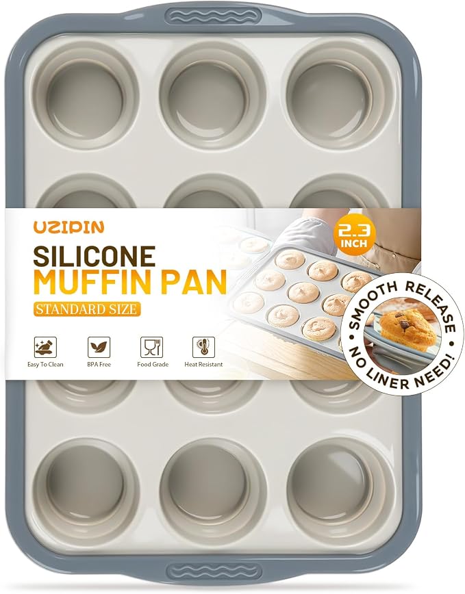 Silicone Muffin Pan, 12 Cups Non-Stick Cupcake Pan, Food-Grade BPA-Free Muffin Tin, Oven-Safe 450 °F, Reinforced Steel Frame, Easy-Grab Handles, Quick-Release 2.3" Baking Molds for Mini Treats
