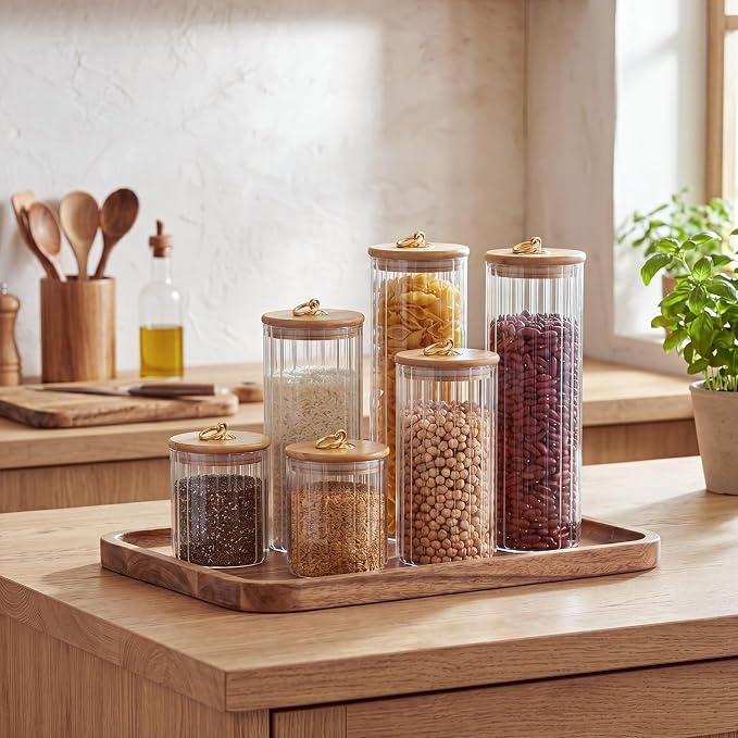 SiliFine 6 Set Glass Pantry Storage Jar with Acacia Airtight Lid 3 Size Glass Storage Container Jar for Pasta Spaghetti Cereal Coffee Bean Flour Sugar Rice, 17oz, 35oz, 53oz (Bamboo Lid with Ring)