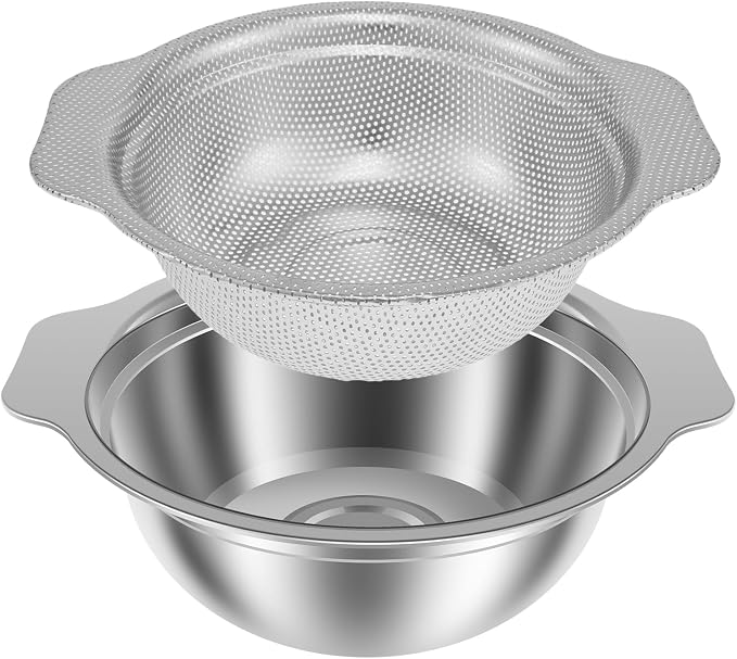 Stainless Steel Colander Microporous Strainers and Colanders with Mixing Bowl Sturdy Rice Strainer Multifunctional Colander Set for Washing and Draining Fruits Vegetables Cooked Pasta (2Pack)