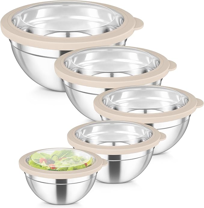 TeamFar Mixing Bowls Set, Stainless Steel Salad Bowl with Lids, Khaki | 4.5/3/1.5/1/0.7 QT, Metal Nesting Bowls with Visible Airtight Lids, For Serving/ Mixing/ Storing, Dishwasher Safe, Set of 5