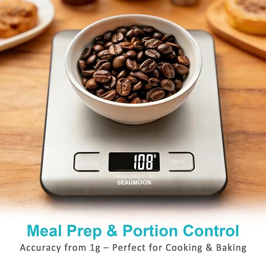 Food Scale Kitchen-Scale 11lb/5kg Food Scale for Kitchen Stainless Steel LCD Display Tare Function (g/oz/ml) for Meal Prep Coffee (Batteries Included)