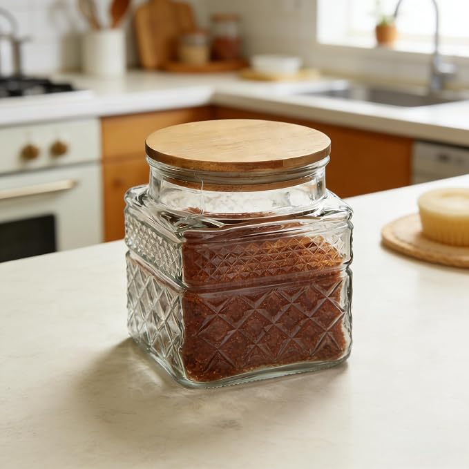 38 FL OZ Glass Storage Jar with Vintage Pattern and Airtight Lid,Square | Kitchen Pantry Coffee bar Canister for Coffee Sugar Cereal Nut Candy, Airtight Bamboo Lid, Thick Glass,Wide Mouth Opening