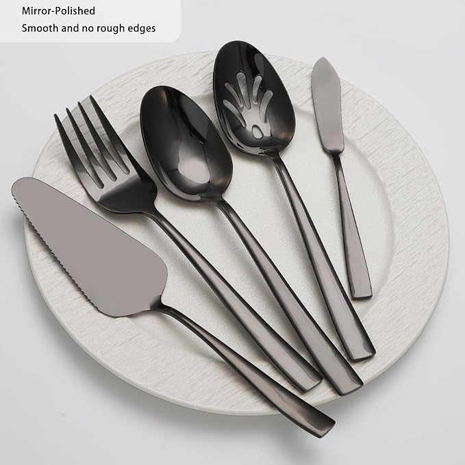 Large Hostess Serving Utensils Set, Stainless Steel Heavy Duty Serving spoons, Slotted Spoons, Serving Fork, Cake Server, Butter Knife, Dishwasher Safe (Black)