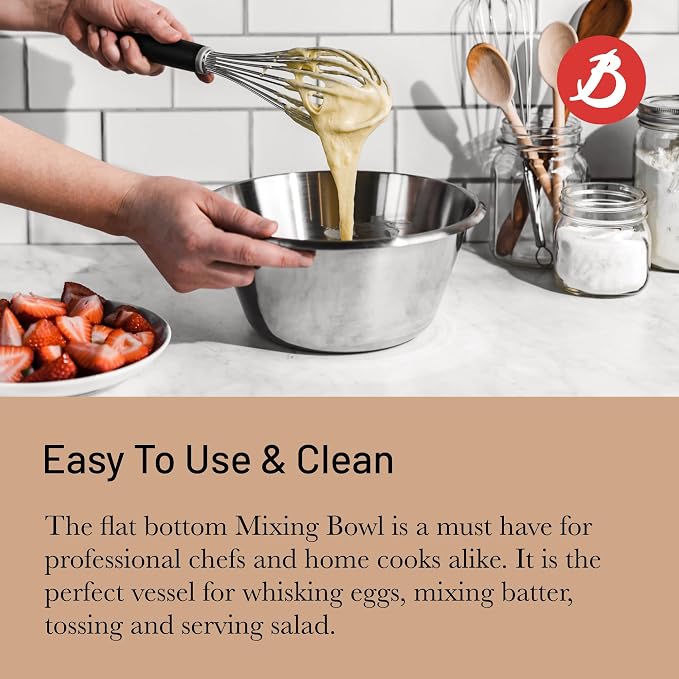de Buyer Stainless Steel Mixing Bowl with Flat Bottom - 9.5”, 3.7 qt - Mix, Stir, Whip, Mash, Whisk & Combine - Dishwasher Safe - Made in France