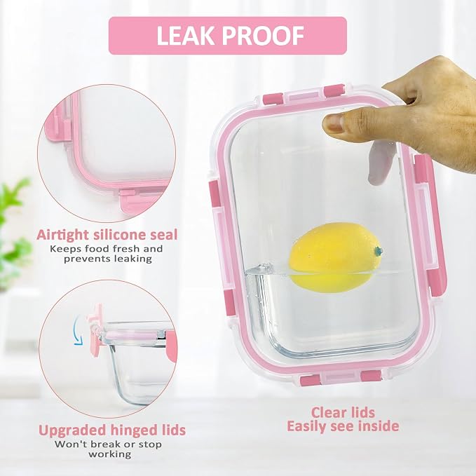 M MCIRCO 10 Pack Glass Food Storage Containers with Lids, Pink | Glass Meal Prep Containers,Airtight Lunch Containers with Lids, Microwave, Oven, Freezer and Dishwasher Friendly, BPA Free
