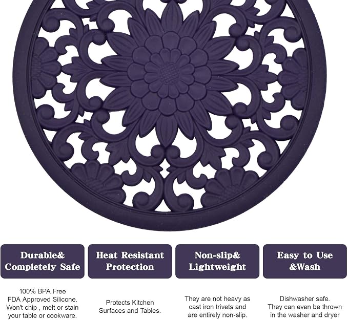 Silicone Trivet Mat,Set of 3 Heat Resistant Trivet for Hot Dishes Trivets for Hots Pots and Pans,Trivet Flexible Non Slip Potholder Hot Pads for Kitchen-Violet,A004V