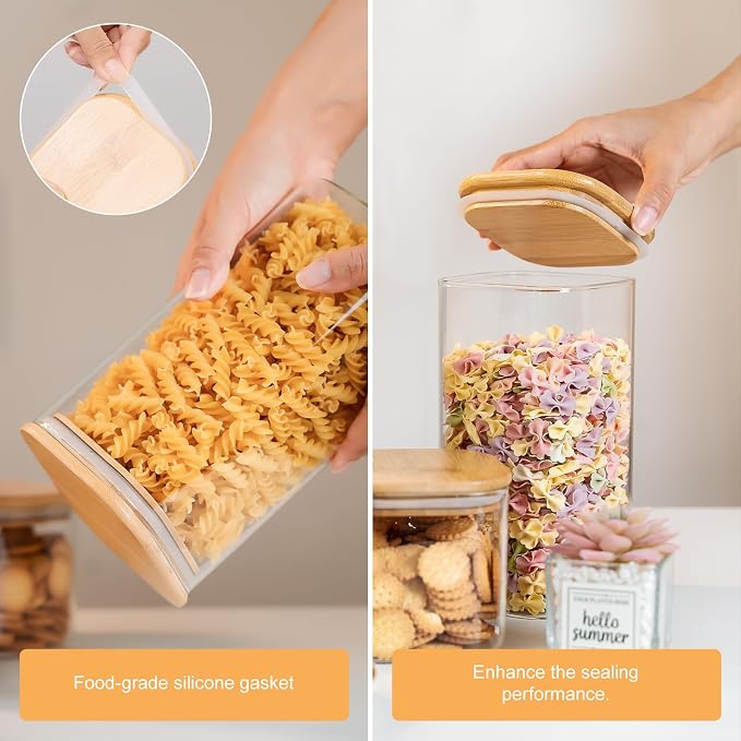 6-Pack Glass Food Storage Jars Set (3 Square + 3 Round), 37oz Airtight Clear Canisters with Bamboo Lids, Stackable Pantry Containers for Flour, Sugar, Rice, Pasta, Nuts, Candy & Spice Organization