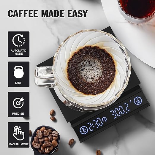 Coffee Scale with Auto Timer, 2kg/0.1g Accurate Scale for Espresso and Pour-Over Coffee, Water Flow Rate and Type-C Rechargeable, Digital Scale for Kitchen/Baking/Cooking, Black