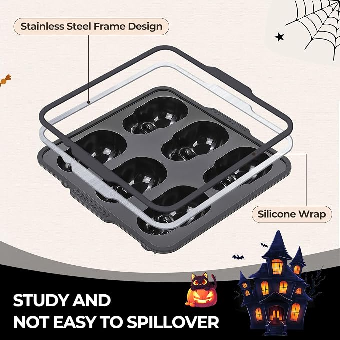FUNBAKY Skull Baking Pan, Muffin Pan Metal Reinforced Frame Silicone Skull Cake Mold - Halloween Nonstick Large Molds for Baking with Handle, Easy to Move Oven 1 Pack