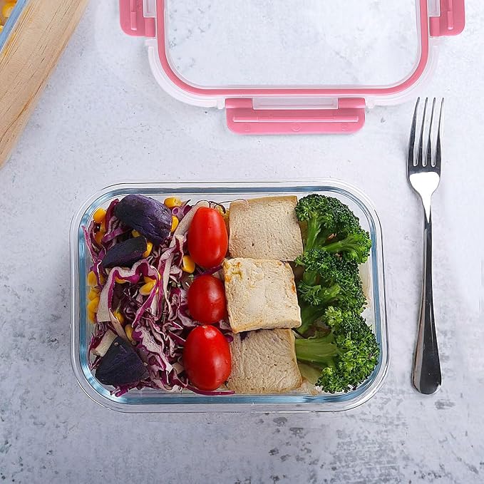 M MCIRCO 10 Pack Glass Food Storage Containers with Lids, Pink | Glass Meal Prep Containers,Airtight Lunch Containers with Lids, Microwave, Oven, Freezer and Dishwasher Friendly, BPA Free