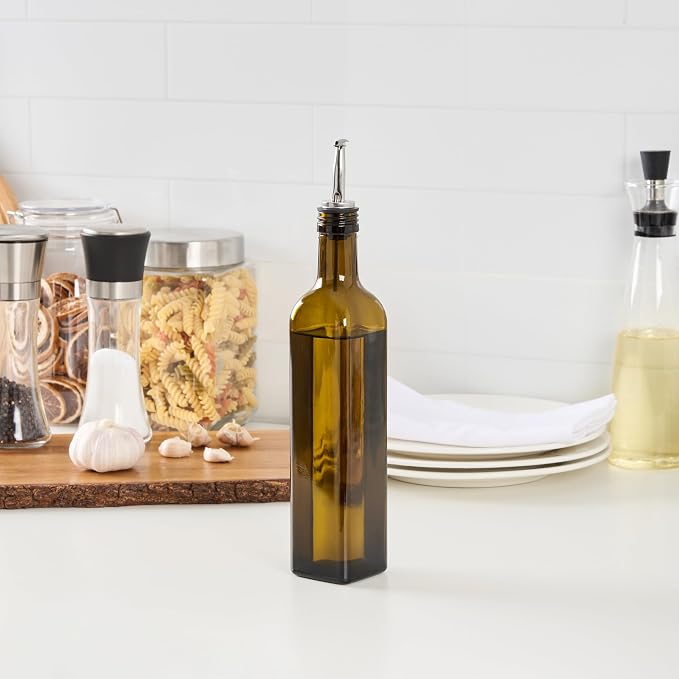 Restaurantware-Chef 101 16.9 Ounce Olive Oil Dispenser, 1 Kitchen Oil Dispenser Bottle - With Stainless Steel Pourer, Non-Leaking, Amber Glass Pourer, For Cooking Or Salad Dressings