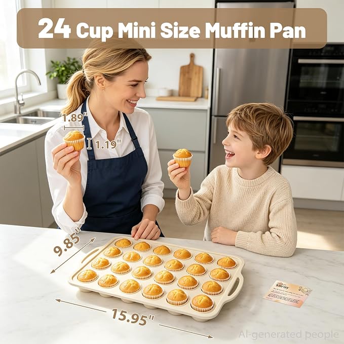 Beige Mini Silicone Muffin Molds: 2 Pack 24 Small Cupcake Mold for Baking | Silicone Mini Muffin Tray for Various Recipes - Molds with Metal Frame for Oven - for Baking Lovers Vnray