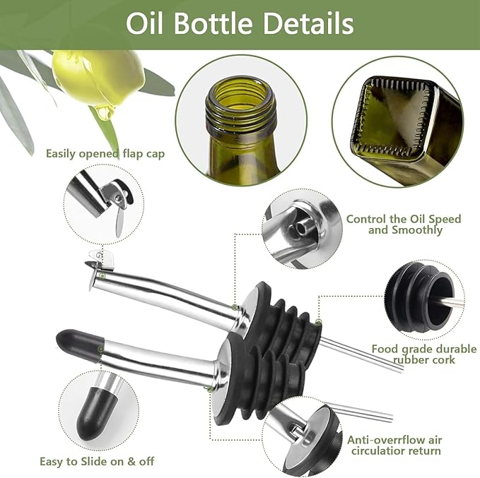 Leaflai Olive Oil Dispenser Bottle, 17oz Glass Olive Oil Dispenser and Vinegar Dispenser Set 500ml Green Glass Oil Bottle Dispenser with Pourers,Funnel and Brush