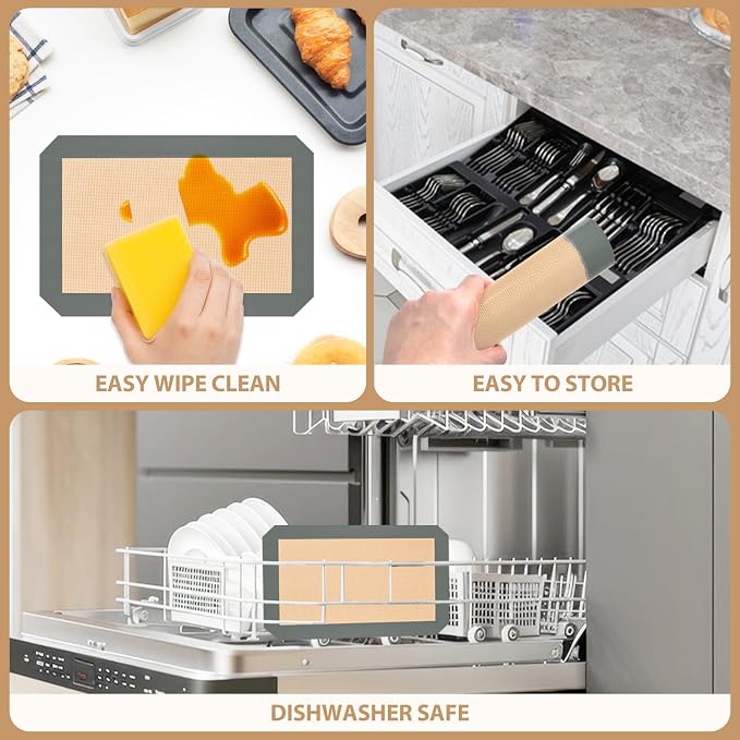2 Half & 1 Quarter Silicone Baking Mat, Baking Sheets | Non Stick, Heat-Resistant, Reusable Oven Baking Supplies for Cookies, Bread & Pastry, Oven-safe, Grey