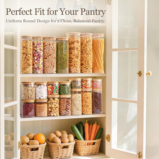 ComSaf Glass Storage Containers with Lids, Set of 6 Jars (0.6Qt/1Qt/1.5Qt) | Glass Pantry Storage Containers, Pantry Organization, BPA Free, Kitchen Canisters, Dry Food Flour Cereal Sugar Tea Coffee