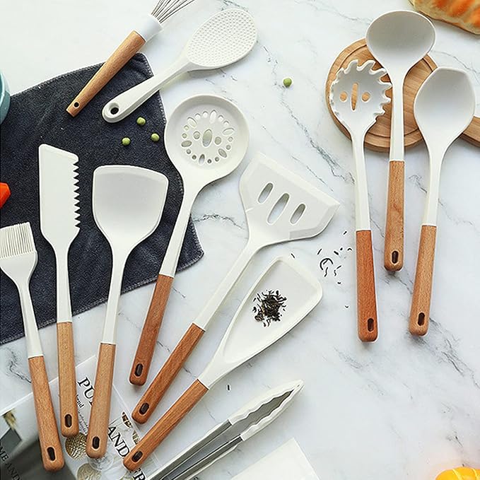1pcs White Silicone Slotted Spoon with Wooden Handle, Heat Resistant Cooking Utensils, Mixing Spoon, Skimmer Cooking Backing Spoons Set for Stirring, Mixing and Serving