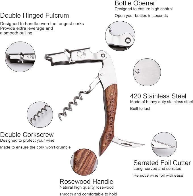 Fanery Sue Personalized Wine Opener - Custom Engraved Professional Corkscrews for Wine Bottles w/Foil Cutter and Cap Remover - Manual Wine Key