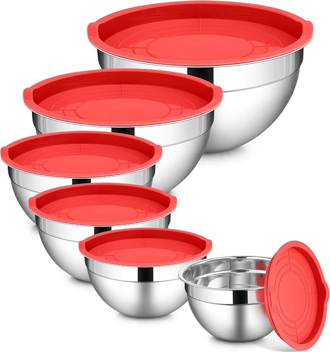LIANYU Mixing Bowls with Lids Sets of 6, Large 7, 3.5, 2.5, 2, 1.5, 1QT | Stainless Steel Metal Nesting Salad Bowl, Ideal for Kitchen Prepping, Cooking, Freezer Storage, Dishwasher Safe, Red