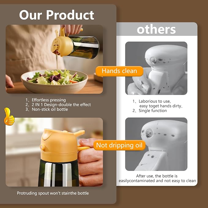 SWEET VIEW Olive Oil Dispenser and Oil Sprayer | 16oz/470ml Glass Light-Proof Oil Pourer for Kitchen Air Fryer, Cooking, Salad, and BBQ, with Stickers