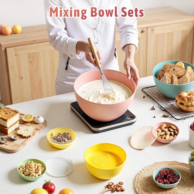 16 Piece Plastic Mixing Bowls with Lids Set includes 8 Prep Bowls & 8 Lids | Nesting Design, 2-in-1 Spoon-Fork, 1.1/2/3.4 /4.8QT, Large Salad Bowl for Preparing, Serving, and Storing, Dishwasher Safe