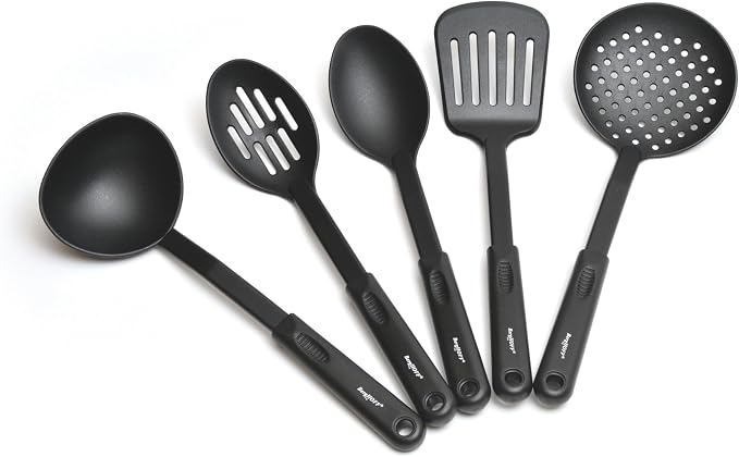 BergHOFF Studio 5Pc Nylon Cooking Utensil Set Skimmer Slotted Turner Slotted Spoon Soup Spoon Ladle Black Wide Handle with Hanging Ring Everyday Use