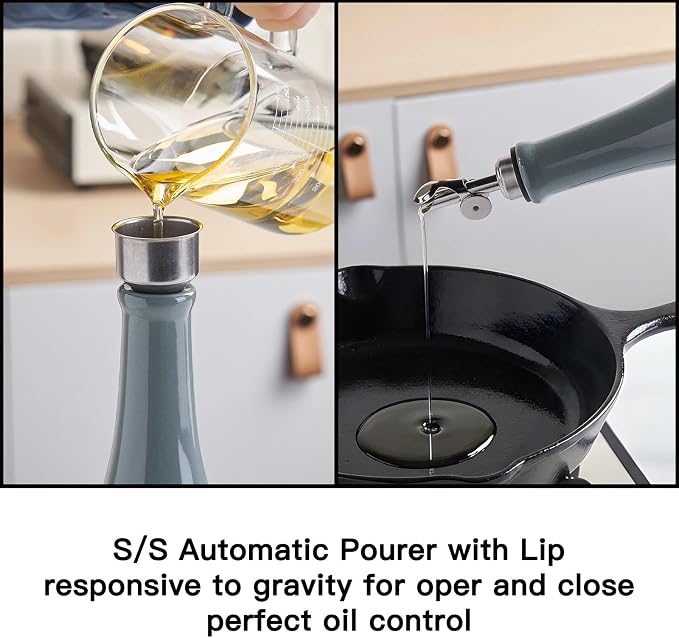 YOLIFE Olive Oil Dispenser Bottle, 15oz Ceramic Oil Dispenser for Kitchen | Oil Bottle with Gravity Spout, Leak Proof EVOO Dispensing Bottle with 2 Spouts and 1 Funnel for Vinegar, Juice(Gray)