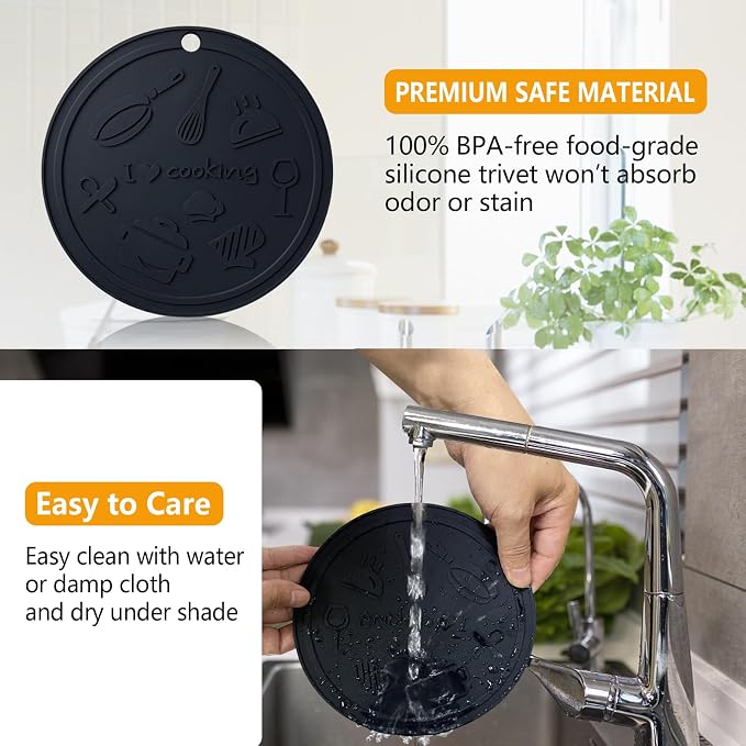 Silicone Trivet Mats - 3 Heat Resistant Pot Holders, Non-Slip Hot Pads for Kitchen, Food Grade Silicone, BPA Free, Easy to Wash (Black)