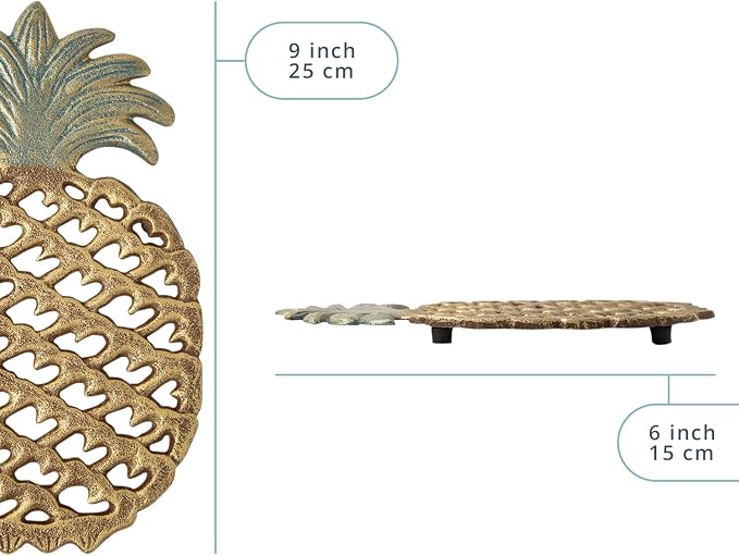 Comfify Cast Iron Pineapple Trivet – 5.9"×9" – Rubber Pegs Included | Gold; cast iron; 5.9"L x 9"W x 0.59" thick; rubber peg feet + spare set; tropical vintage; kitchen dining table