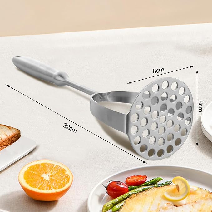 ASelected Potato Masher Stainless Steel with Long Handle Potato Masher, Kitchen Masher, Vegetable Masher, Dishwasher Safe for Mashed Potatoes, Creamy Mashed Potatoes (315 x 80 mm)