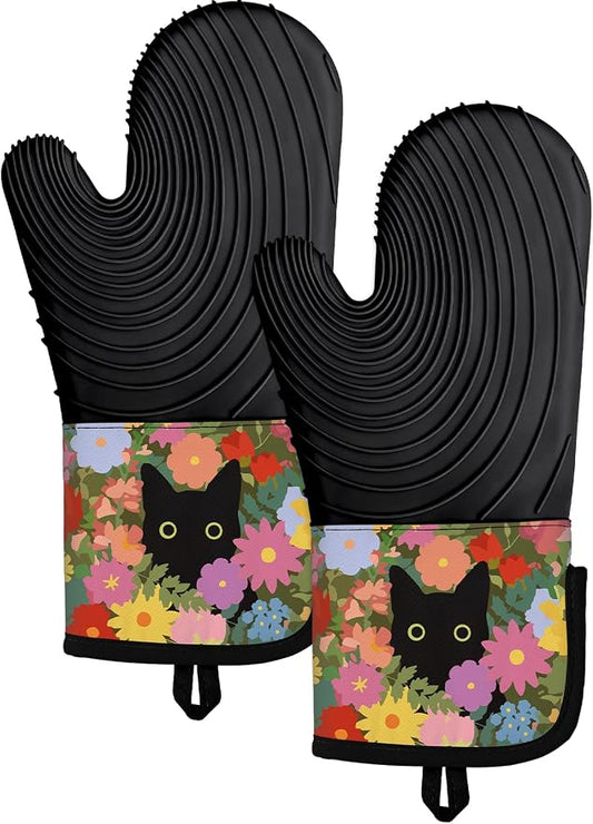 Slohif Long Silicone Oven Mitts Heat Resistant for Women - 2 Pcs Black Cat 100% Cotton Oven Gloves, Non-Slip and Waterproof Silicone Oven Mitts with Hanger for Baking and Cooking