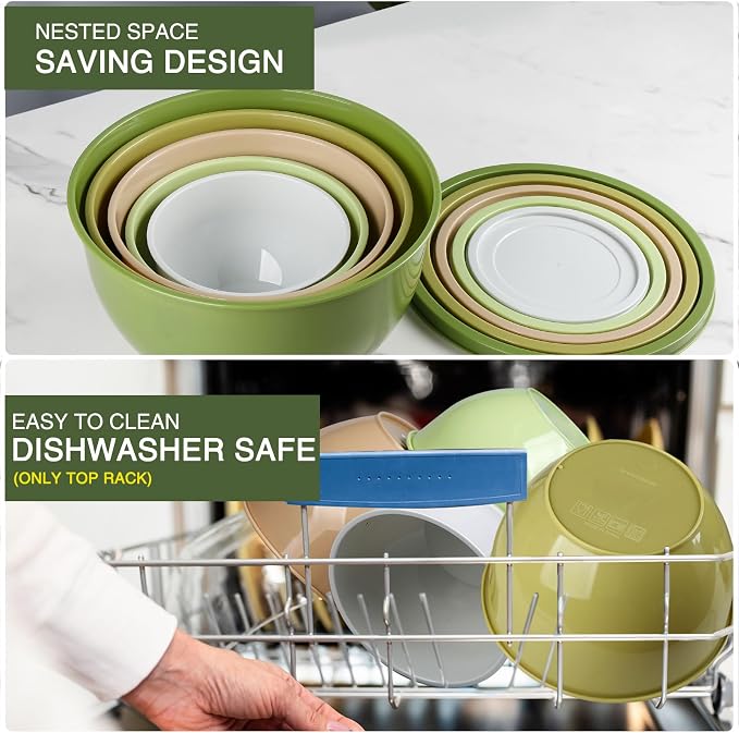 Greentainer Plastic Mixing Bowls with Lids Set for Kitchen, 5 Set Nesting Bowls for Mixing, Baking, Prepping, Cooking and Serving Food, Mixing Bowls Dishwasher, Microwave Safe