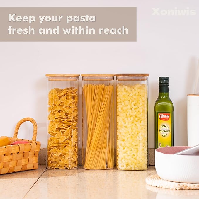 3-Pack 2.2Qt Square Glass Spaghetti Jars with Bamboo Lids | Minimalist Kitchen Organizer,Scandinavian Style Storage,Nordic Style Storage,Food Storage Canister for Pasta, Penne, Macaroni
