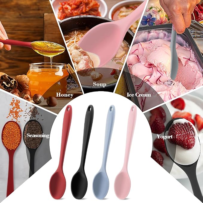 Silicone Spoons for Cooking, 4 Pcs Large Serving Spoon Heat Resistant Cooking Spoon Nonstick Mixing Kitchen Spoons for Cooking Baking Serving Mixing and Stirring Dishwasher Safe,Red, Black, Pink, Gray