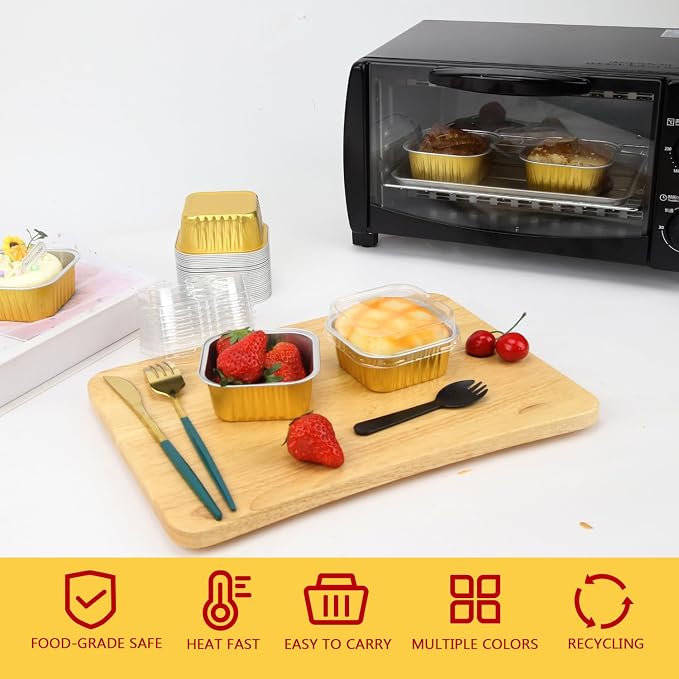 5oz/80pack Foil Mini Cake Baking Pans with Lids,LNYZQUS Small Disposable Ramekins Cupcake Tins Muffin Baking Cups,Aluminum Square Brownie Pan Mini Cheesecake Containers-Gold