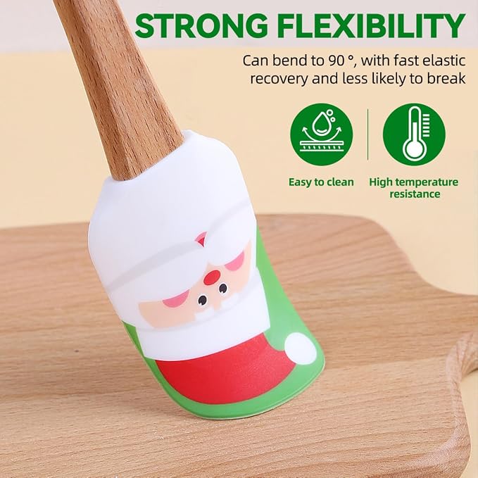 Christmas Spatula Set, 4 Pieces Kitchen Christmas Silicone Spatula Set with Wooden Handle for Baking Cooking and Christmas (Assorted Color)