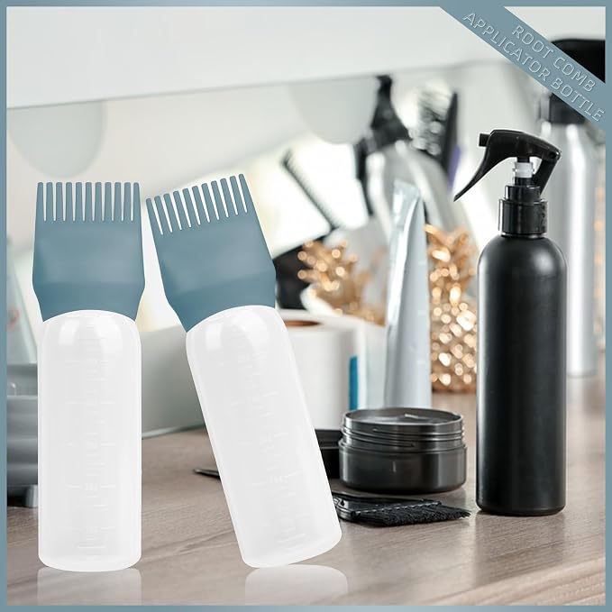 Root Comb Applicator Bottle 6 Ounce, 4 Pack Hair Oil Applicator Bottle, Hair Dye Bottle Applicator Tools with Hair Oil Dispenser Root Comb Brush for Scalp Hair Oiling Applicator - Green