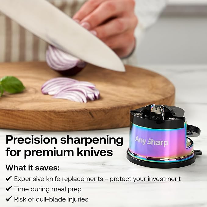 AnySharp – Chef – Hands Free Knife Sharpener - Easy to Use Sharpening Tool w/PowerGrip Suction Base and 20-Degree Pre-Set Angle - for All Knives: Chef's, Serrated, and Hardened Steel - Oil Slick