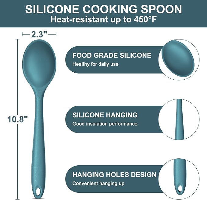 E-far Silicone Cooking Spoon Set of 2, Heat Resistant Kitchen Spoons Utensils Nonstick Mixing Spoon for Baking Stirring Serving, Non-Toxic & Dishwasher Safe (Blue)
