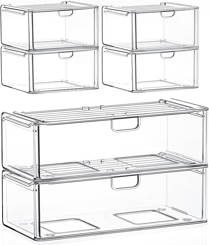 6-Pack Acrylic Stackable Storage Drawers for Vanity, Desk, Bath | 2 large & wide 13" drawers, Smooth-glide, stackable, clear body, dustproof, wipe clean, for makeup, pantry jars, under sink