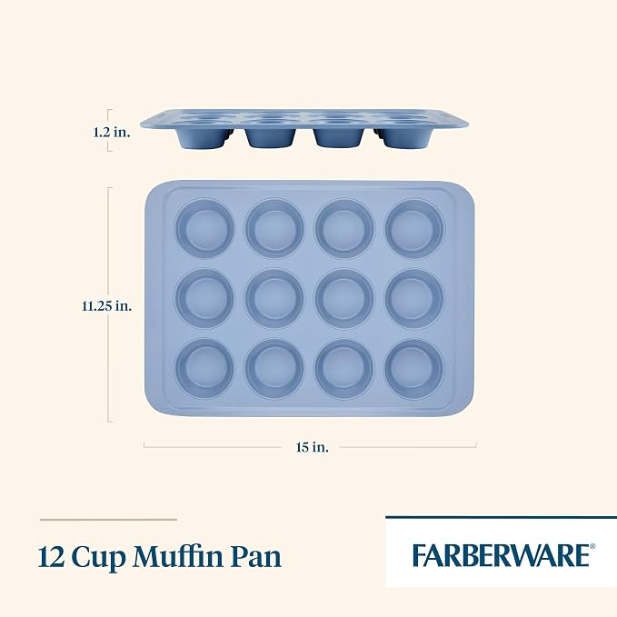 Farberware Easy Solutions Nonstick Bakeware Muffin/Cupcake Baking Pan, 12-cup with fill lines - Blue