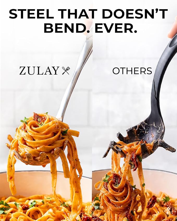 Zulay Kitchen Stainless Steel Pasta Spoon - 12” Spaghetti Server with Teeth & Draining Holes - Rust-Resistant Pasta Fork for Noodles & Pasta - Dishwasher Safe Utensil for Everyday Use