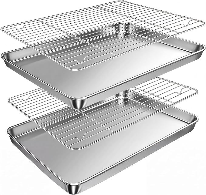 Baking Sheet with Rack Set (2 Pans + 2 Racks), 16 x 12 x 1 Inch Stainless Steel Cookie Sheet Baking Pan Tray with Cooling Rack, Jelly Roll Pan with Wire Rack, Warp Resistant & Heavy Duty & Rust Proof