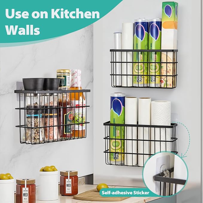 Sinnsally 3 Pack Cabinet Door Organizer,Self Adhesive Lid Organizers Inside Cabinet Storage Boxes,Hanging Storage Basket Organizer Wall Mounted Pantry Caddy Cup Holder for Kitchen,Fridge,Bathroom