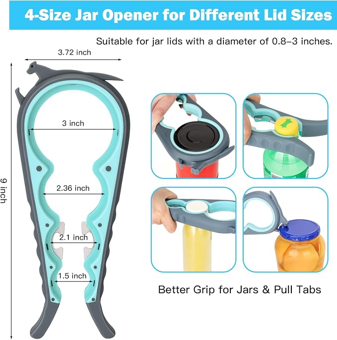 Jar Opener for Weak Hands, Seniors, Arthritis (Blue&Grey) | 3-Pieces Jar and Bottle Opener Set, 6-in-1 Multifunctional Jar Lid Opener Bottle Opener, Non-Slip Jar Opener Gripper Pad