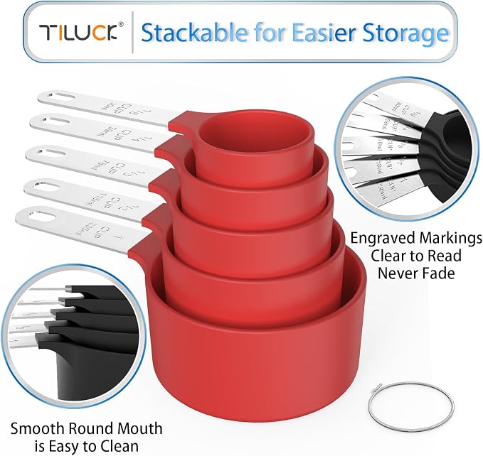 Measuring Cups & Spoons Set, Stackable Cups and Spoons | Nesting Measure Cups with Stainless Steel Handle, Kitchen Gadgets for Cooking & Baking (Red)
