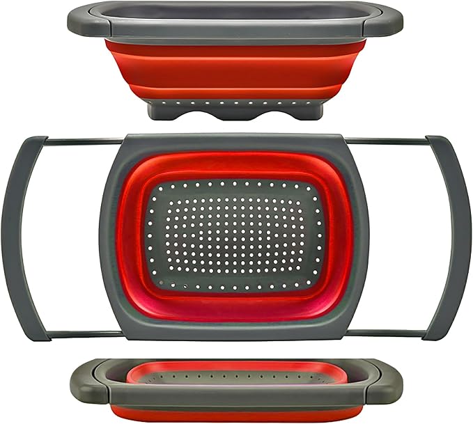 Qimh Colander Collapsible, Over The Sink Veggies/Fruit 6-Quart Strainers and Colanders with Extendable Handles, Folding Strainer for Kitchen