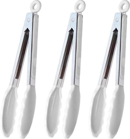 HINMAY Silicone Kitchen Tongs 9-Inch Basics Tongs, Set of 3 (White)